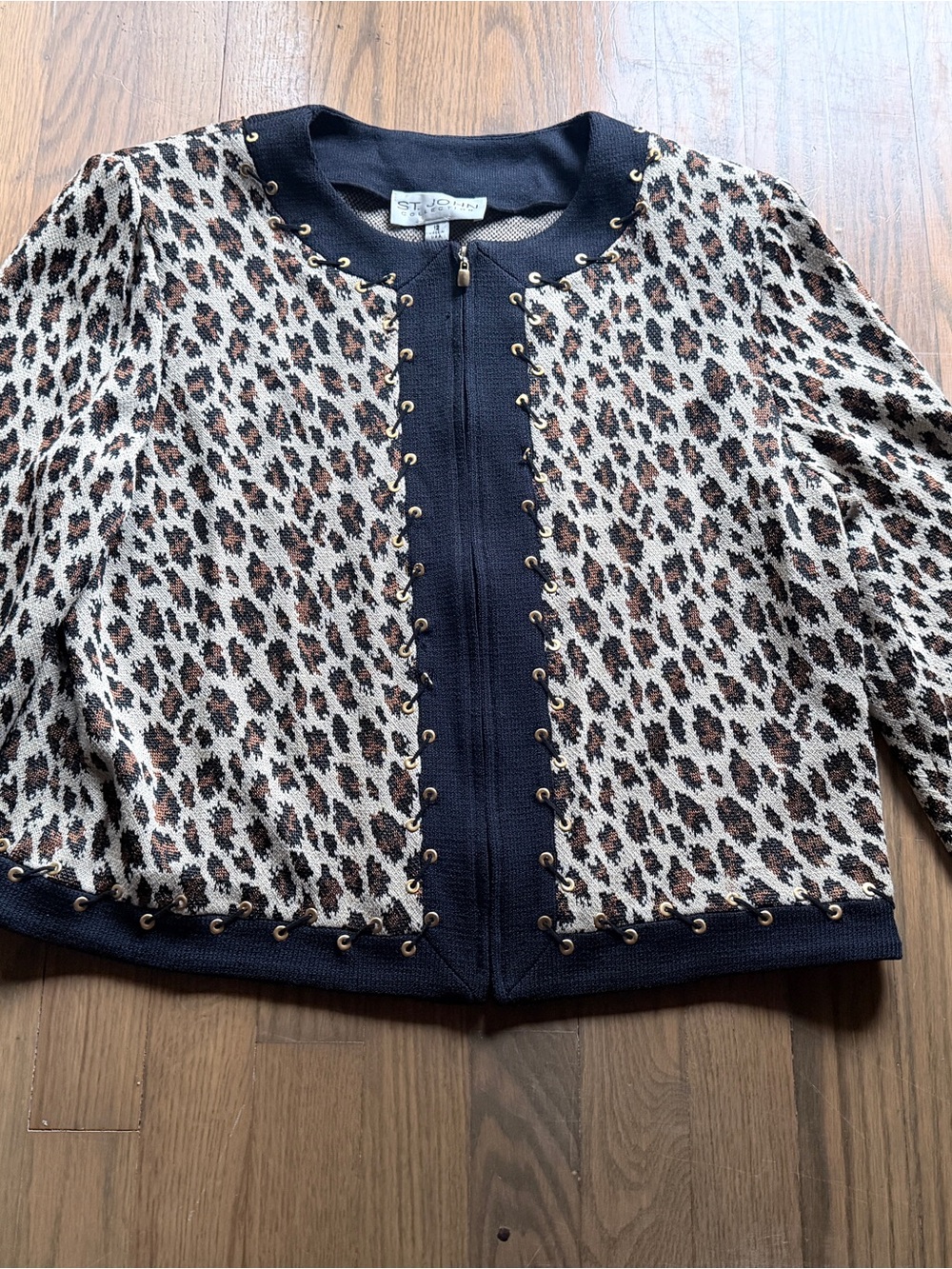 St. John Leopard-Print Knit Zip Jacket - Black, Brown & Cream